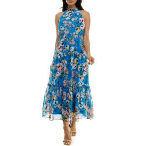 NINA LEONARD Blue Floral Chiffon Dress Smocked Tiered Waterfall Womens Large